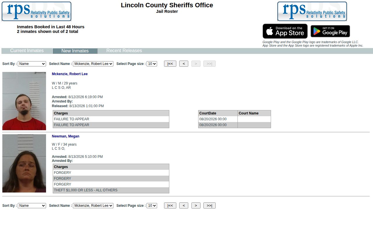 Lincoln County Jail recent booking record and mugshot feed