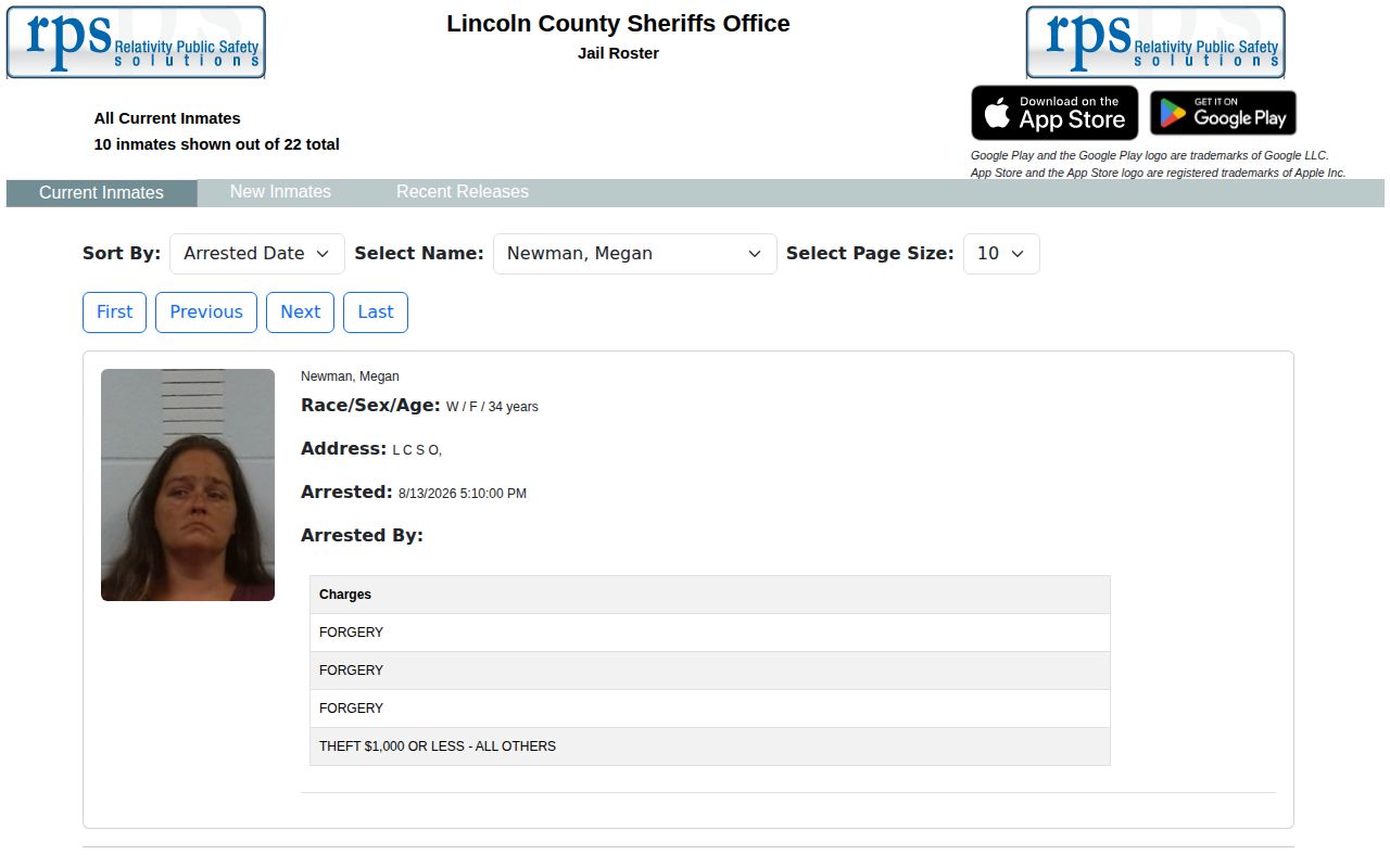 Lincoln County Jail current roster and booking photo search interface